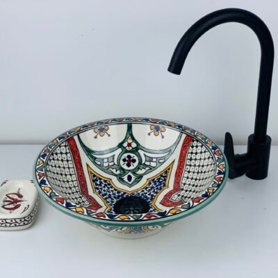Hand-Painted Ceramic Sink with Brass Rim – Elegant Moroccan Design