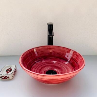 Hand-Painted Ceramic Sink with Brass Rim – Elegant Moroccan Design