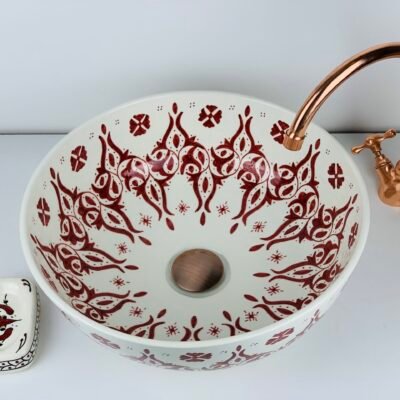 Hand-Painted Ceramic Sink with Brass Rim – Elegant Moroccan Design