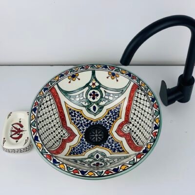 Alternative view of Hand-Painted Ceramic Sink with Brass Rim – Elegant Moroccan Design