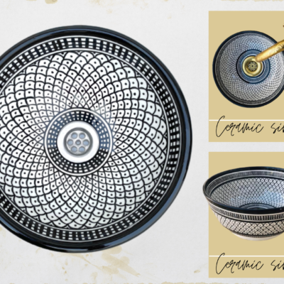 Ceramic Black Basin With Moroccan Design – Elegant Bathroom Vanity Sink – Hand-Painted Wash Basin