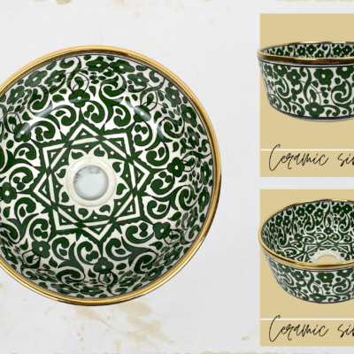 Hand-Painted Green Ceramic Sink With Gold Edge 14k – Bathroom Vanity Centerpiece Basin